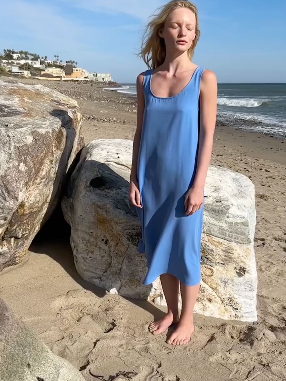 Oak + Fort Blue Midi Dress with Pockets – Size Small